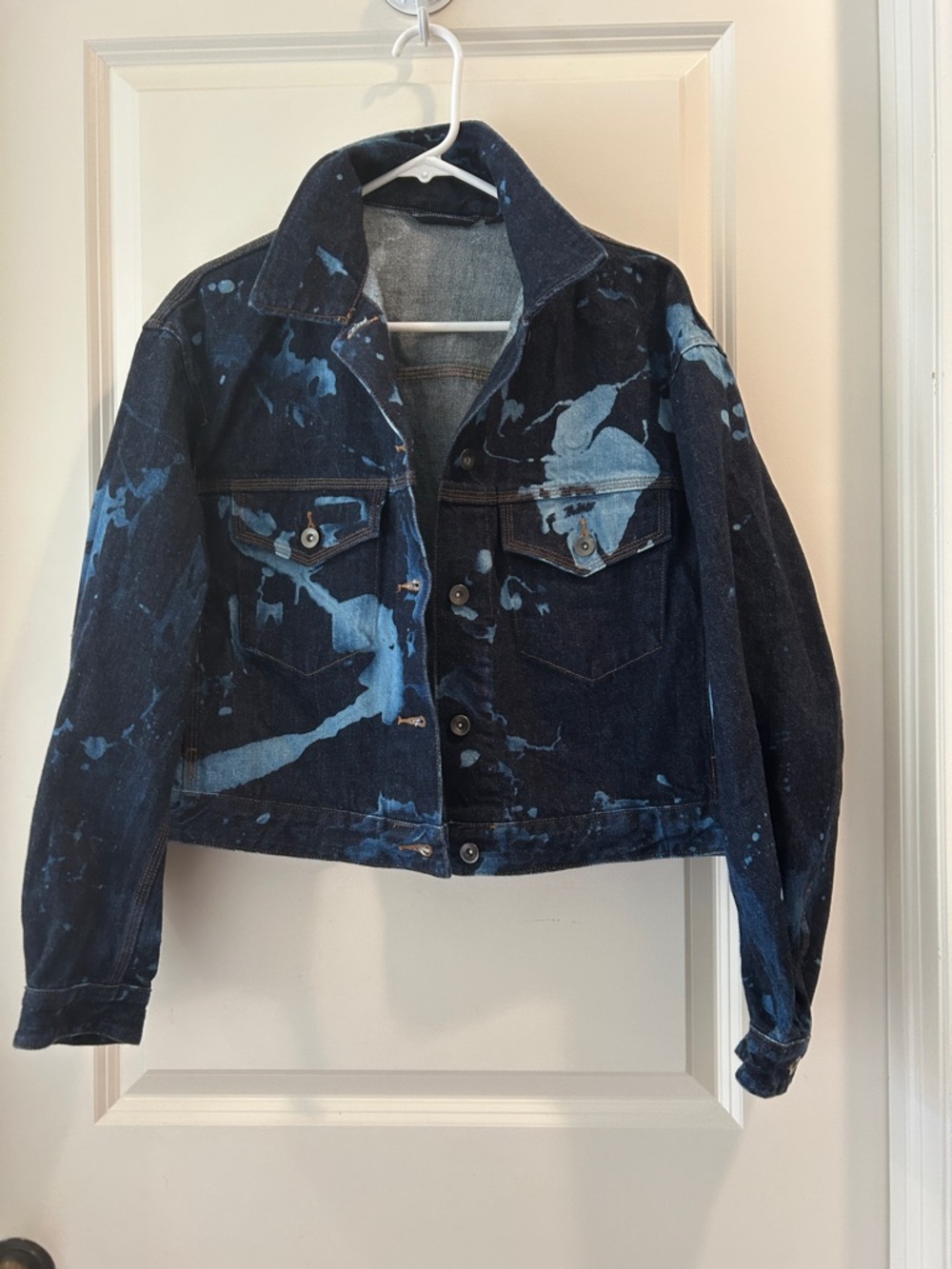 Uniqlo Baggy Boxy Crop Paint Splatter Denim Jean Jacket Dark/LiteBlue pockets XS